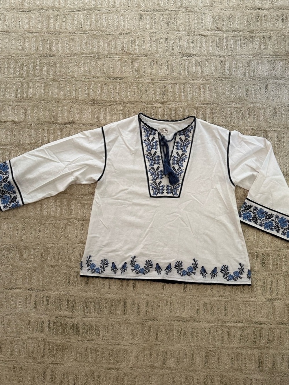 Mille Embroidered Floral Tunic in White & Blue Size Medium